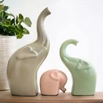 URBAN SENSE | Elephant Family Matte Finish Ceramic Figures | Home Decor Living Room Decorative Items Showpieces House Warming Gifts for New Home | Grey Light Green Pink | (Elephant Family 2)