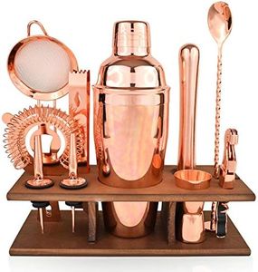 Bartender Kit Copper 11 Piece - Copper Parisian Cocktail Mixology Set - Rose Gold Shaker with Muddler, Pourers, Strainer & Twisted Bar Spoon