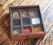 Ajuny Wooden Masala Dabba Indian Spice Box with Glass Lid on Top And Spoon Sheesham Rosewood