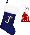 Tokforty 20 Inches Blue Velvet with White Super Soft Plush Cuff Monogram Christmas Stockings, Xmas Personalized Embroidered Letter Stockings for Family Holiday Decorations and Xmas Tree Fireplace（J）