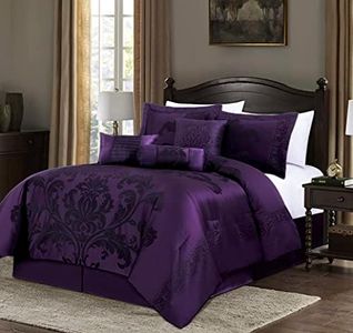 Chezmoi Collection 7-Piece Jacquard Floral Comforter Set (Queen, Purple/Dark Purple)