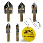 JNB Pro 5PC Countersink Bits for Metal - Sizes 1/4" 3/8" 1/2" 5/8" 3/4", Metal Working Countersinks, 5 Flute Design 82° M35 HSS 5% Cobalt Grade Bit 1/4" Shank - Ideal for Stationary or Hand Drill