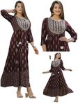 Manbhar Fashion Embroidered Latest Gown Women's Rayon Anarkali Gold Printed Kurti Floral Dress Gown Women Printed Pure Rayon Flared Kurta (Large, Wine)