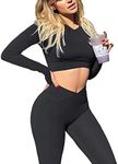 Danysu Gym Sets for Women 2 Piece Cross Waist Workout Clothes Long Sleeve Crop Tops Scrunch Butt Leggings Matching Outfits Black S