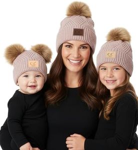 Funky Junque Mommy & Me Double Pom Beanies 3-Pack Matching Winter Hats for Mom, Toddler & Infant Girls, Cozy Knit Family Set - Diagonal Basketweave - Rose