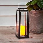 LampLust Outdoor Solar Lantern with Flameless Candle - 15 Inch Tall, Black Metal & Glass, Dusk to Dawn, Decorative Waterproof Patio Decor - Battery Included