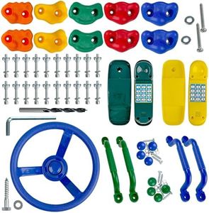 KINSPORY 17 Pack Playground Accessories for Kids - 10pc Colourful Rock Climbing Holds, 4pc Climbing Handles & Grips, 2pc Play Phones and Steering Wheel for Wooden Playset, Swing Set & Tree House