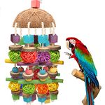 Large Bird Parrot Chewing Toy,Parakeet Cage Bite Toys Nature Durable Hanging Chewing Multicolored Natural Wooden Blocks ，Rattan Ball and Coconut Shell Tearing Toys for Large Bird Amazon Parrots