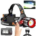 Rechargeable Headlamp 90000 High Lumen, LED Headlights with 5 Modes, Zoomable, IPX7 Waterproof, Brightest Motion Sensor Headlamp, Powerful Hardhat Headlamps for Running, Camping, Emergency, Outdoor