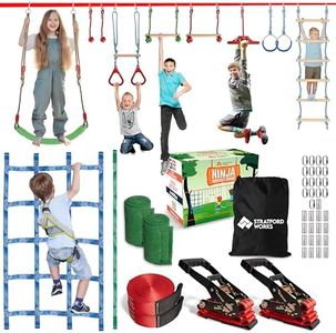 65ft Ninja Warrior Obstacle Course for Kids with 2 Slacklines and 12 Durable Obstacles – Ninja Rope Course for Girls & Boys with Trapeze Swing, Monkey Bars, Wheel, Climbing Net & Gymnastics