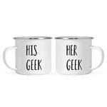 Andaz Press Stainless Steel Campfire Coffee Mugs Gift Set, His Geek, Her Geek, 2-Pack, Husband Wife Christmas Couple Gifts Metal Enamel Campfire Camp Cup, Includes Gift Box