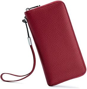 JIUFENG Long Wallet Genuine Leather RFID Blocking Card Holder Large Capacity Zipper Wristlet Purse Cellphone Bag Fashion Clutches (Wine Red)