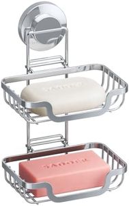 TAILI Double Layer Soap Holder, Draining Bar Soap Dish Saver Tray Suction Cup for Bathroom Shower Wall, Rustproof Stainless Steel Sponge Holder for Tub, Kitchen, Drill-Free, Silver
