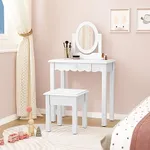 Kids Vanity - Little Girls Vanity Set with Mirror and Stool, Wooden 2 in 1 Toddler Vanity Makeup Desk Dressing Table with Detachable Top & Drawer, Princess Vanity Dresser Set for Little Girls, White