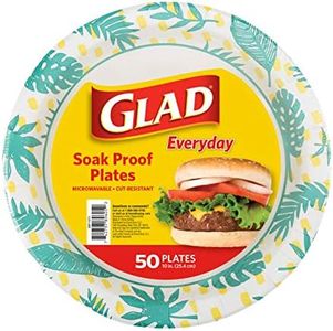 Glad Round Disposable Paper Plates with Palm Leaves Design, 10" | 10 Inch Paper Plates | Soak Proof Paper Plates Heavy Duty, Microwave Safe| Cut Resistant Disposable Plates for Everyday Use, 50 Count