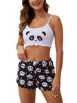 VENTELAN Women's Sleepwear Cartoon Print Lettuce Trim Cami Top and Shorts Cute Pajama Set,S-XL, White-panda, Medium