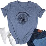 Womens Graphic T-Shirt Not All Who Wander are Lost Letters Print Compass Funny Tees for Women Summer Casual Athletic Shirts, Navy Blue, Small