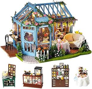 TuKIIE DIY Miniature Dollhouse Furniture Kit, 1:24 Scale Creative Room Wooden Doll House Accessories Plus Dust Proof & Music Movement for Kids Teens Adults(Rose Garden Tea House)