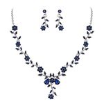 BriLove Women's Wedding Jewellery Set Vine Leaf Cluster Flower Crystal Dangle Earrings Pendant Necklace Set for Bridal Navy Blue Silver-Tone