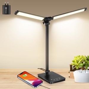 Eocean 60cm Double Head Desk Lamp Piano Light with USB Charging Port, LED Desk Light for Home Office, Kids Eye-Caring Study Reading Lamp, Table Lamp with 5 Color Modes & 5 Brightness Levels