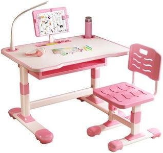 jyibinee Kids Study Desk Chair Set, Toddlers Writing Table with Tiltable Reading Stand, Living Room Bedroom Children Learning Table with Extra Large Drawer Pink