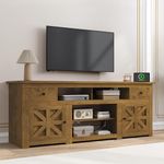 DWVO Farmhouse TV Stand, Entertainment Center with Power Outlet for TVs Up to 80 Inch, TV Console with Movable Partition & Storage Drawer, Rustic TV Stand for Living Room, Brown-Oak