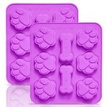 Anaeat 2 Pack Silicone Molds with Puppy Dog Paw and Bone Shaped 2 in 1, Reusable Non-Stick Ice Cube Trays & Flexible Candy Chocolate Molds for Homemade Dog Treats, Pudding & Baking Biscuits (Purple)