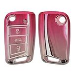 kwmobile Key Cover Compatible with VW Golf 7 MK7 3 Button Car Key - Soft TPU Car Key Fob Protector Case - Pink Matte/Silver