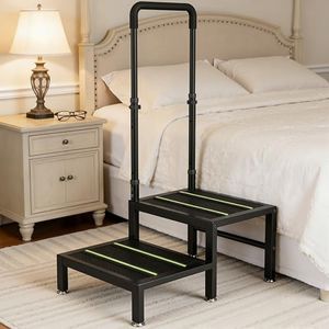 2 Step Stool with Handle, Heavy Duty Step Stool for Elderly and Adults, Adjustable Handrail with Non-Slip Platform, Bedside Steps for High Beds, Kitchen and Bathroom
