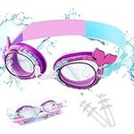 Kids Swim Goggles with Earplugs for Toddler Kids Youth(4-14), Girls Lovely Mermaid Tail Swimming Goggles, Anti-Fog Anti-UV Leak-proof Clear Vision Water Pool Goggles, Swim Glasses with Potable Case