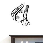 BIBITIME Modern Fashion Beauty Girl Cut Hair with Scissors Comb Barber Shop Wall Decal Window Sticker Hairdressing Salon Creative Personality Vinyl Art Mural (Black, DIY 22.04" x 28.35")