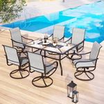 MFSTUDIO Patio Dining Set for 6, All Weather Outdoor Furniture Set with 1 Rectangular Woodgrain Table, 6 Sling Swivel Chairs (Grey Fabric)