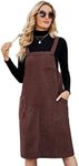 Flygo Women's Corduroy Jumper Overall Pinafore Midi Dress Skirt with Pockets, Brown, Medium