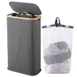 Vencier 60L Slim Laundry Hamper with Lid, Narrow Foldable Laundry Basket with Removable Bag & Bamboo Handles, Thin Dirty Clothes Hamper for Bathroom, Bedroom, Dorm (Grey, 60L)