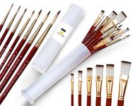 KritArt Design Artist Painting Brush Set, Flat and Round, Synthetic Hair for Water Poster Acrylic Gouache and Oil Colour [RED Wooden Handle Set of 13 Mix Brushes with extendable Container]