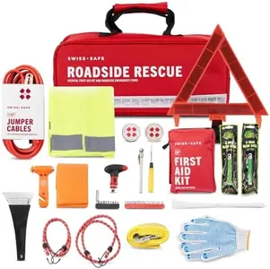 Swiss Safe Automotive Emergency Car Kit with Road Trip Must Haves Including 200 Pc Car First Aid Kit, Jumper Cables, Tow Rope, and More.