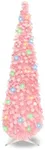 Pop Up Christmas Tree, 5FT Collapsible Artificial Pink Christmas Tree with 90 LED Lights, Tinsel Small Pencil Christmas Tree for Home Holiday Fireplace Party Indoor Outdoor Xmas Decorations