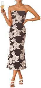 ZESICA Women's Summer Strapless Floral Midi Dress 2026 Bodycon Mesh Tube Wedding Guest Cocktail Party Formal Dresses Lightbrown X-Small