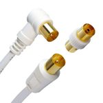 Slick Linc 10M TV Aerial Cable Extension Satellite Cable with Male-to-Male Coaxial Connection, RF Adaptor and Right Angle Connector Gold Plated - White