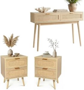 HOPUBUY Console Table and Nightstands Set of 2, Narrow Sofa Table with Pine Leg and Drawers, Modern Small Entryway Table for Hallway and Living Room, 39" Rustic Natural