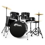 TIGER DKT28-BK Full Size Acoustic Drum 22" Bass Drum Kit with Stands Stool Sticks & Cymbals - Black