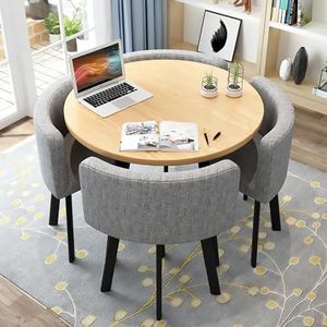 WOOOFA Round Dining Table Set for 4, Faux Marble Conference Table and Chairs Set, Kitchen Table Chairs Set with Strong Metal Frame, Space-Saving, Office Table and Chair Set for Home and Apartment