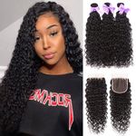 8A Brazilian Virgin Human Hair Water Wave Bundles With Closure 100% Unprocessed Wet and Wavy Deep Curly 3 Bundles With Lace Closure Ocean Wave Remy Hair Natural Black Color(10 12 14+10 closure)