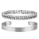 Mens Bracelets Silver Bracelets for Men - 2 Pcs Silver Cuban Link Chain Stainless Steel Cuff Bangle Mens Jewellery Gifts for Christmas for Dad Boyfriend Bro Husband Birthday Anniversary 7.5 Inches