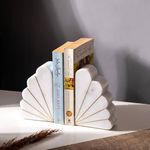 ESQ Living Scallop Marble Bookends with Gold Inlay Bookends for Shelf | Bookends for Shelves and Home | Book end/Stopper for Office Decor, Heavy Books, Living Room & Bedroom - Set of 2 (White)