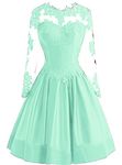 BessDress Lace Long Sleeve Short Homecoming Dresses Illusion Neck Satin Cocktail Ball Gown BD367 - Green -