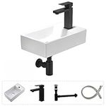 Wall Mount White Ceramic Bathroom Small Vessel Sink with Black Faucet and Drain Combo, Wall Hung Rectangle Bathroom Corner Small Sinks