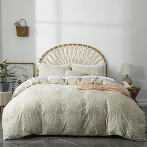 Quilt Cover Queen Size, Shabby Chic Tufted Beige Duvet Cover Set, 3PCS Soft and Breathable Textured Boho Bedding Set with Zipper Closure (Beige, Queen)