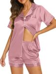 Ekouaer Womens Satin Silk Pajamas Set Short Sleeve Button Down Top and Shorts Sleepwear 2 Piece Pjs Set,Grey Purple,Medium