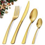 Cutlery Set, BEWOS 16-Piece Matt Gold Stainless Steel Flatware Set, Tableware Silverware Set with Spoon Knife and Fork Set, Service for 4, Dishwasher Safe/Easy Clean